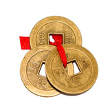Divya Mantra Feng Shui Chinese Lucky Fortune I-Ching Coin Ornaments Wealth Charm Amulet Three Bronze Metal Coins with Hole and Red Ribbon Knot for Good Money Luck, Decoration Charms Set of 10 – Golden - Divya Mantra