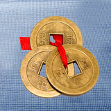 Divya Mantra Feng Shui Chinese Lucky Fortune I-Ching Coin Ornaments Wealth Charm Amulet Three Bronze Metal Coins with Hole and Red Ribbon Knot for Good Money Luck, Decoration Charms Set of 5 – Golden - Divya Mantra