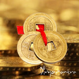 Divya Mantra Feng Shui Chinese Lucky Fortune I-Ching Coin Ornaments Wealth Charm Amulet Three Bronze Metal Coins with Hole and Red Ribbon Knot for Good Money Luck, Decoration Charms Set of 3 – Golden - Divya Mantra