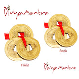 Divya Mantra Feng Shui Chinese Lucky Fortune I-Ching Coin Ornaments Wealth Charm Amulet Three Bronze Metal Coins with Hole and Red Ribbon Knot for Good Money Luck, Decoration Charms Set of 3 – Golden - Divya Mantra