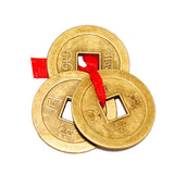 Divya Mantra Feng Shui Chinese Lucky Fortune I-Ching Coin Ornaments Wealth Charm Amulet Three Bronze Metal Coins with Hole and Red Ribbon Knot for Good Money Luck, Decoration Charms Set of 7 – Golden - Divya Mantra