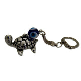 Divya Mantra Japanese Lucky Charm Turtle Pair Home Decor Statue & Chinese Feng Shui Tortoise with Evil Eye Amulet Key Chain For Good Luck, Wealth, Health, Money, Collectible Ornament - Silver, Blue - Divya Mantra