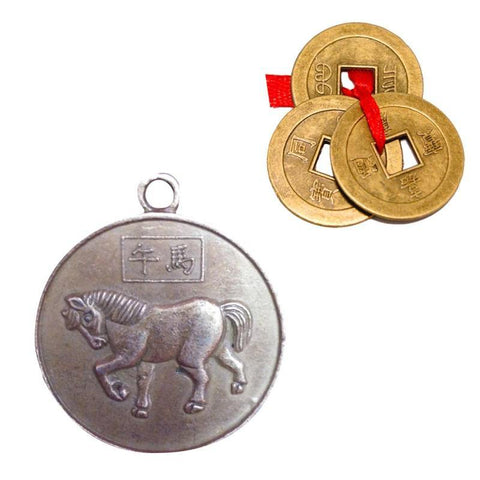 Divya Mantra Combo Of Chinese Zodiac Sign Horse Pendant And Three Chinese Lucky Coins - Divya Mantra