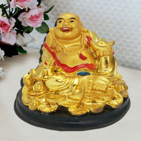Divya Mantra Feng Shui Laughing Buddha Sitting On Coins - Divya Mantra