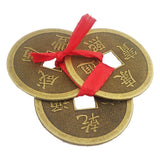Divya Mantra Feng Shui Chinese Lucky Fortune I-Ching Dragon Coin Ornaments Wealth Charm Amulet 3 Bronze Metal Coins with Hole & Red Ribbon Knot for Good Money Luck, Decoration Charms Set of 7 – Golden - Divya Mantra