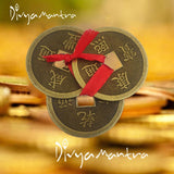 Divya Mantra Feng Shui Chinese Lucky Fortune I-Ching Dragon Coin Ornaments Wealth Charm Amulet 3 Bronze Metal Coins with Hole & Red Ribbon Knot for Good Money Luck, Decoration Charms Set of 5 – Golden - Divya Mantra