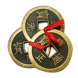 Divya Mantra Feng Shui Chinese Lucky Fortune I-Ching Dragon Coin Ornaments Wealth Charm Amulet 3 Bronze Metal Coins with Hole & Red Ribbon Knot for Good Money Luck, Decoration Charms Set of 7 – Copper - Divya Mantra