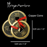 Divya Mantra Feng Shui Chinese Lucky Fortune I-Ching Dragon Coin Ornaments Wealth Charm Amulet 3 Bronze Metal Coins with Hole & Red Ribbon Knot for Good Money Luck, Decoration Charms Set of 7 – Copper - Divya Mantra