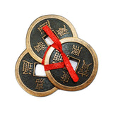 Divya Mantra Combo Of Feng Shui Three Lucky Chinese 2" Coins with Red Ribbon for Money & 9 Wish Pyramids on Pure Copper Plate Yantra Wall/Door Sticker-Vastu Dosh Nivaran, Vaastu Shastra - Multicolour - Divya Mantra