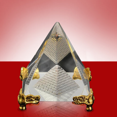 Divya Mantra Feng Shui Crystal Glass Pyramid with Golden Stand For Spiritual Healing, Vastu Correction and Balancing - 7 cm - Divya Mantra