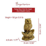 Divya Mantra Chinese Feng Shui Owl Statue Sitting on Gold Yuan Bao Wealth Enhancer Prosperity Lucky Ingot & Bed of Coins Money Good Luck Figurine for Home, Office, Kitchen Decor Amulet Charm - Golden - Divya Mantra