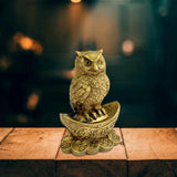 Divya Mantra Chinese Feng Shui Owl Statue Sitting on Gold Yuan Bao Wealth Enhancer Prosperity Lucky Ingot & Bed of Coins Money Good Luck Figurine for Home, Office, Kitchen Decor Amulet Charm - Golden - Divya Mantra