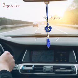 Divya Mantra Decorative Evil Eye Blue Heart Pendant Amulet for Car Rear View Mirror Decor Ornament Accessories/Good Luck Charm Protection Interior Wall Hanging Showpiece - Divya Mantra