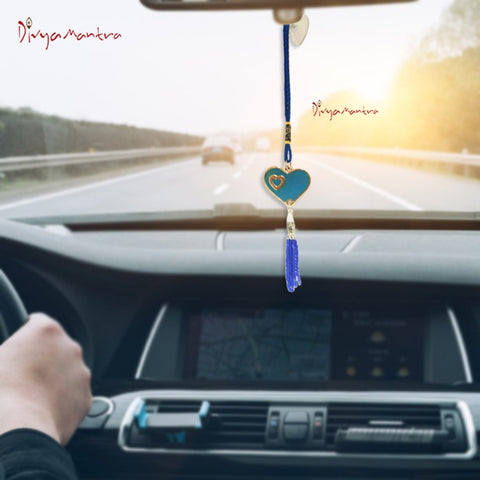 Divya Mantra Decorative Evil Eye Blue Heart Beat Pendant Amulet for Car Rear View Mirror Decor Ornament Accessories/Good Luck Charm Protection Interior Wall Hanging Showpiece - Divya Mantra
