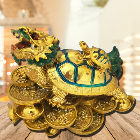 Divya Mantra Feng Shui Dragon Headed Tortoise With Baby Standing on Wealth Bed For Good Luck Abundance Prosperity - Divya Mantra