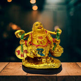 Divya Mantra Japanese Asakusa Temple Lucky Charm Turtle 2 Pairs Home Decor Statues & Feng shui Happy Man Laughing Buddha Holding Wealth Coin, Ingots for Attracting Money, Financial Luck - Gold, Silver - Divya Mantra