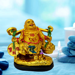 Divya Mantra Happy Man Laughing Buddha Holding Wealth Coin and Ingots Statue For Attracting Money Prosperity Financial Luck Home Decor Gift - Divya Mantra