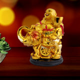 Divya Mantra Laughing Buddha Statue Feng Shui Happy Man Buddah Figurine Holding Yuan Bao Ingot & Riding Riding Trunk up Elephant for Attracting Money Good Luck Chinese Home Decoration Statues - Gold - Divya Mantra