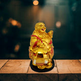 Divya Mantra Laughing Buddha Statue Feng Shui Happy Man Buddah Figurine Holding Yuan Bao Ingot & Riding Riding Trunk up Elephant for Attracting Money Good Luck Chinese Home Decoration Statues - Gold - Divya Mantra