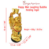 Divya Mantra Happy Man Laughing Buddha Holding Ingot with Hands Upright Statue For Abundance Money Wealth Prosperity Good Luck - Divya Mantra