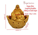Divya Mantra Happy Man Laughing Buddha Sitting on Gold Ingot Yuan Bao For Attracting Abundance Wealth Financial Prosperity Good Luck - Divya Mantra