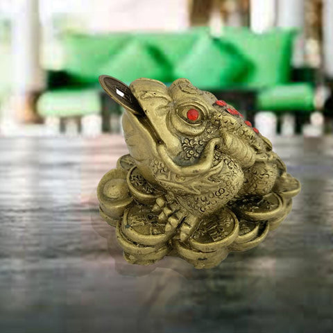 Divya Mantra Feng Shui King Money Toad Three Legged Frog on Wealth Bed in Brass Finish For Prosperity Financial Business Good Luck - Divya Mantra
