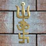 Divya Mantra Indian Traditional Trishul Om Swastika Pure Brass Yantra Spiritual Metal Wall Hanging Showpiece Ornament/Hindu Religious Trisakthi Vastu Pooja Item Collectible - Home Decor Gift Set Of 3 - Divya Mantra