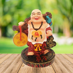 Divya Mantra Happy Man Laughing Buddha Holding Wealth Coins Statue For Attracting Money Prosperity Financial Luck Home Decor Gift - Divya Mantra