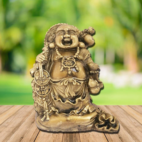 Divya Mantra Happy Man Laughing Buddha Holding Wealth Lucky Coins Statue For Attracting Money Prosperity Financial Luck Home Decor Gift - Divya Mantra