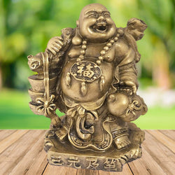 Divya Mantra Happy Man Laughing Buddha Holding Ingot Yuan Bao for Attracting Abundance Wealth Financial Prosperity Good Luck Home Decor Gift - Divya Mantra