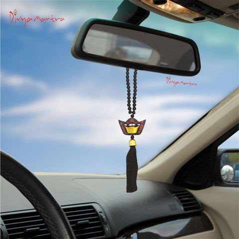 Divya Mantra Decorative Chinese Feng Shui Ingot Talisman Black Beads Gift Amulet Car Rear View Mirror Decor Ornament Accessories/Good Luck, Money, Protection Interior Home Wall Hanging Showpiece - Divya Mantra