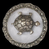 Divya Mantra Feng Shui Metal 4” Tortoise / Turtle with Glass Water 5.5” Diameter Plate; Vastu Living Positivity, Wealth, Money, Good Luck & Longevity; Home, Office Decor Gift Items / Products Set of 2 - Divya Mantra