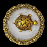 Divya Mantra Feng Shui Metal 4” Tortoise / Turtle with Glass Water 5.5” Diameter Plate; Vastu Living Positivity, Wealth, Money, Good Luck & Longevity; Home, Office Decor Gift Items / Products Set of 2 - Divya Mantra