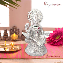 Divya Mantra Hindu Goddess Maa Veena Vadini Saraswati Idol Sculpture Statue Iron Murti Puja Room, Temple, Meditation, Office, Business, Home Decor Gift Collection Item/Product- Money, Good Luck-Silver - Divya Mantra