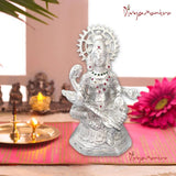 Divya Mantra Hindu Goddess Maa Veena Vadini Saraswati Idol Sculpture Statue Iron Murti Puja Room, Temple, Meditation, Office, Business, Home Decor Gift Collection Item/Product- Money, Good Luck-Silver - Divya Mantra