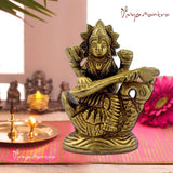 Divya Mantra Hindu Goddess Maa Veena Vadini Saraswati Idol Sculpture Statue Brass Murti Puja Room, Temple, Meditation, Office, Business, Home Decor Gift Collection Item/Product- Money, Good Luck-Yellow - Divya Mantra