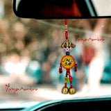 Divya Mantra Decorative Wooden Smiley Man with Metal Bells Car Rear View Mirror Decor Charm / Baby Stroller Seat, Crib Decoration Toy / Home Kitchen Wall Hanging Ornament Boho Lucky Item - Multicolor - Divya Mantra