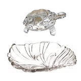Divya Mantra Chinese Feng Shui Glass 3.2 Inch Tortoise Statue with 6 Inch Leaf Shape Water Plate Home Decor Collectible Ornament; Vastu Living, Wealth, Money, Health, Good Luck Charm Set - Clear - Divya Mantra