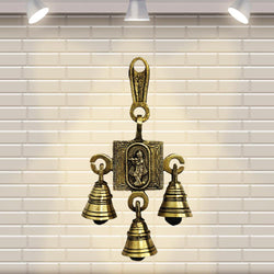Divya Mantra Indian Hindu Decor Wall Hanging Home, Mandir, Pooja Room, Temple, Door Brass Bells Decorative Metal Items Good Luck Vastu Sri Krishna God Playing Flute Buri Nazar Battu - Golden - Divya Mantra