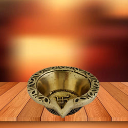 Divya Mantra Home Decor Diya Lamp Indian Pure Brass Hindu Auspicious Symbol Laxmi Swastika Oval Shaped Decorative Oil Light Diwali Decoration Pooja Room Mandir Pital Diva Handmade Good Luck - Golden - Divya Mantra