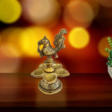 Divya Mantra Home Decor Diya Lamp Indian Brass Samai Hindu Goddess Sri Laxmi Mayura Peacock Design Decorative Oil Light Diwali Decoration Pooja Room Mandir Pital Diva Handmade For Good Luck - Golden - Divya Mantra