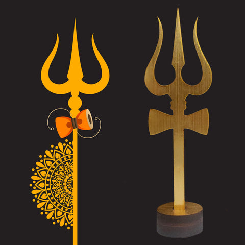 Sri Shiva Trishul (Trident) Damru Wooden Stand Yantra Indian Mandir Home Decor Hindu Temple Pooja Items Vastu Decorative Car Dashboard Showpiece Diwali Puja Symbol Good Luck - Set of 2, Silver & Gold - Divya Mantra