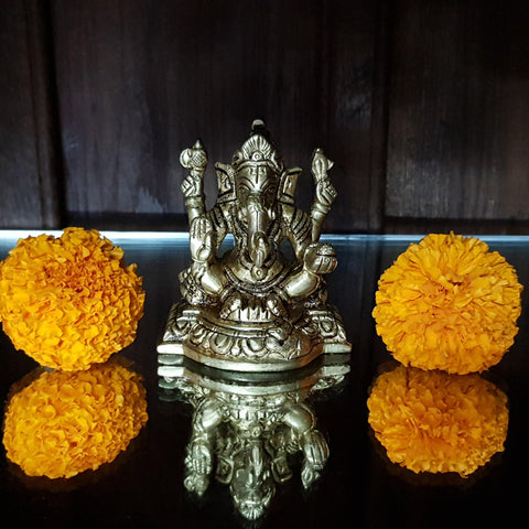 Ganesh Idol Home Temple Decor Mandir Room Decoration Accessories Indian Hindu Lord Sri Ganesha Diwali Pooja Ganpati Murti Puja Articles God Brass Statue Interior Decorative Showpiece - Golden - Divya Mantra