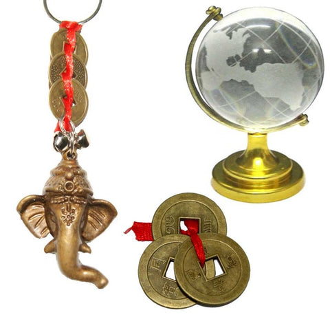 Divya Mantra Feng Shui Combo Pack of Good Luck Chinese Coins, Om Ganesha Keychain and Globe - Divya Mantra