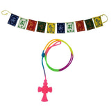 Divya Mantra Car Rear View Mirror Hanging Interior Decor Accessories Jesus on Cross Pendant Amulet Talisman for Protection and Tibetan Buddhist Om Mani Padme Hum Positive Vibes Prayer Flags; Pink - Divya Mantra