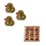 Divya Mantra Set Of 3: Three Lucky Chinese 1" Coins with Red Ribbon for Good Luck, Wealth & 9 Wish Pyramids on Pure Copper Plate Yantra Wall/Door Sticker Vastu Dosh / Badha Nivaran, Money -Multicolour - Divya Mantra