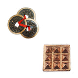 Divya Mantra Combo Of Feng Shui Three Lucky Chinese 2" Coins with Red Ribbon for Money & 9 Wish Pyramids on Pure Copper Plate Yantra Wall/Door Sticker-Vastu Dosh Nivaran, Vaastu Shastra - Multicolour - Divya Mantra