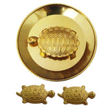 Divya Mantra Japanese Lucky Charm Money Turtle Pair Home Decor Statue & Chinese Feng Shui Metal 1.5 Inch Tortoise with 2.25 Inch Diameter Water Plate; Vastu Living, Wealth, Health, Good Luck Set -Gold - Divya Mantra