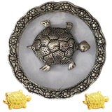 Divya Mantra Japanese Lucky Charm Money Turtle Pair Home Decor Statue & Chinese Feng Shui Metal 4 Inch Tortoise with 5.5 Inch Water Plate; Vastu Living, Wealth, Health, Good Luck Set - Gold, Silver - Divya Mantra