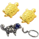 Divya Mantra Japanese Lucky Charm Turtle Pair Home Decor Statue & Chinese Feng Shui Tortoise with Evil Eye Amulet Key Chain For Good Luck, Wealth, Health, Money, Collectible Ornament - Gold, Blue - Divya Mantra